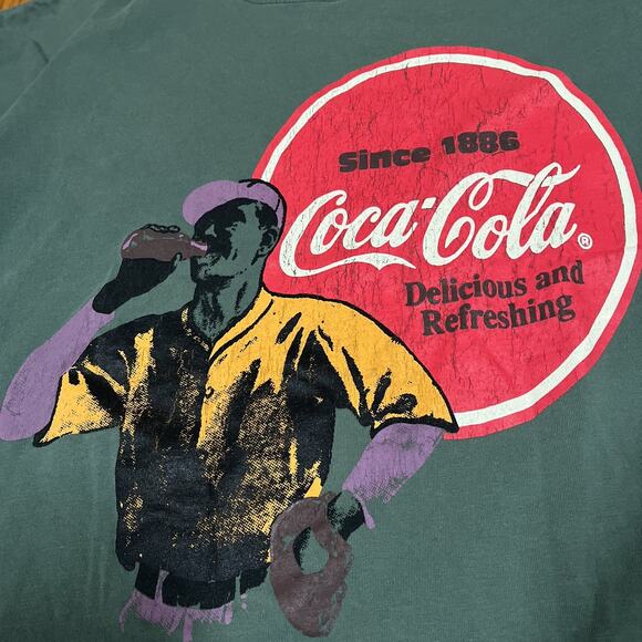 Vintage Coca-Cola T-Shirt Baseball Green Black Colorblock Elbow Sleeve Distress - Picture 2 of 11